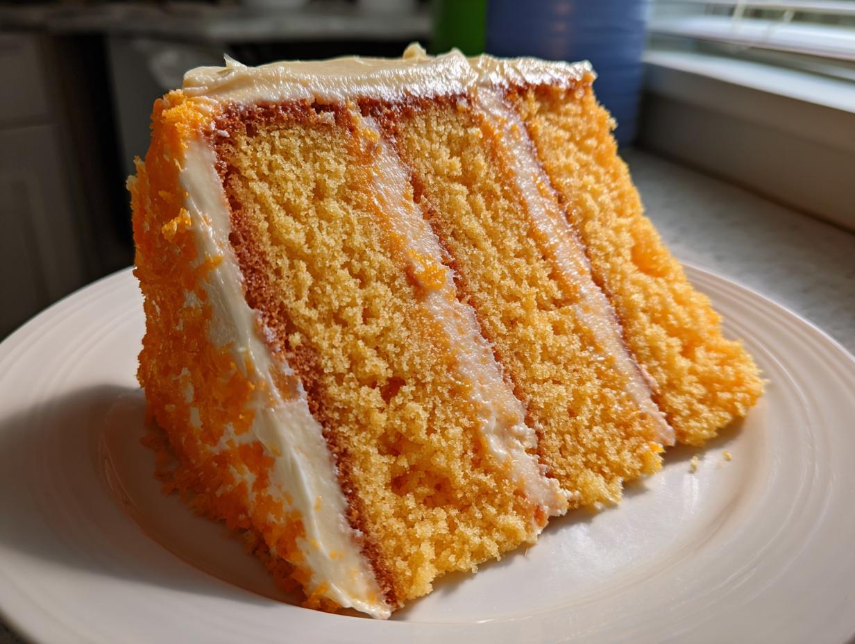 A tall slice of vibrant orange Creamsicle Cake showing three layers of cake and white frosting filling.