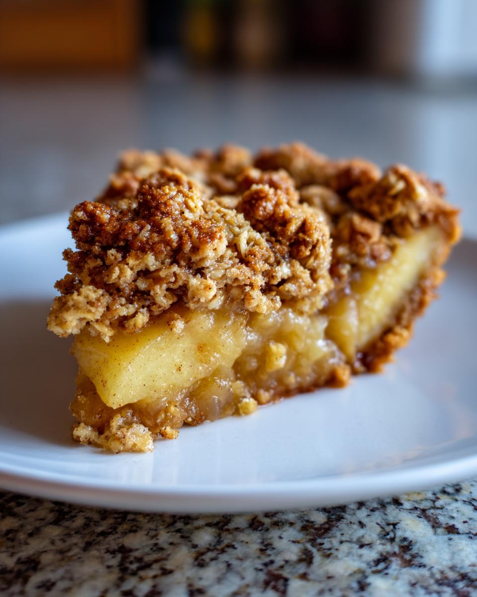 Close-up of a thick slice of pear crisp showing soft baked pears and a crunchy oat crumble topping.