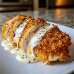 Close-up of sliced, crispy chicken cordon bleu stuffed with ham and cheese, drizzled with a creamy herb sauce.