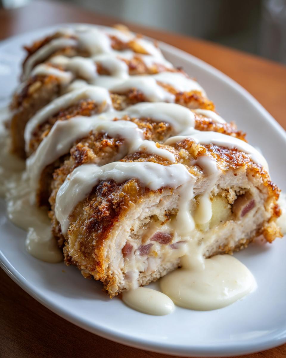 Close-up of sliced chicken cordon bleu, breaded and stuffed with ham and cheese, drizzled with a rich white sauce.