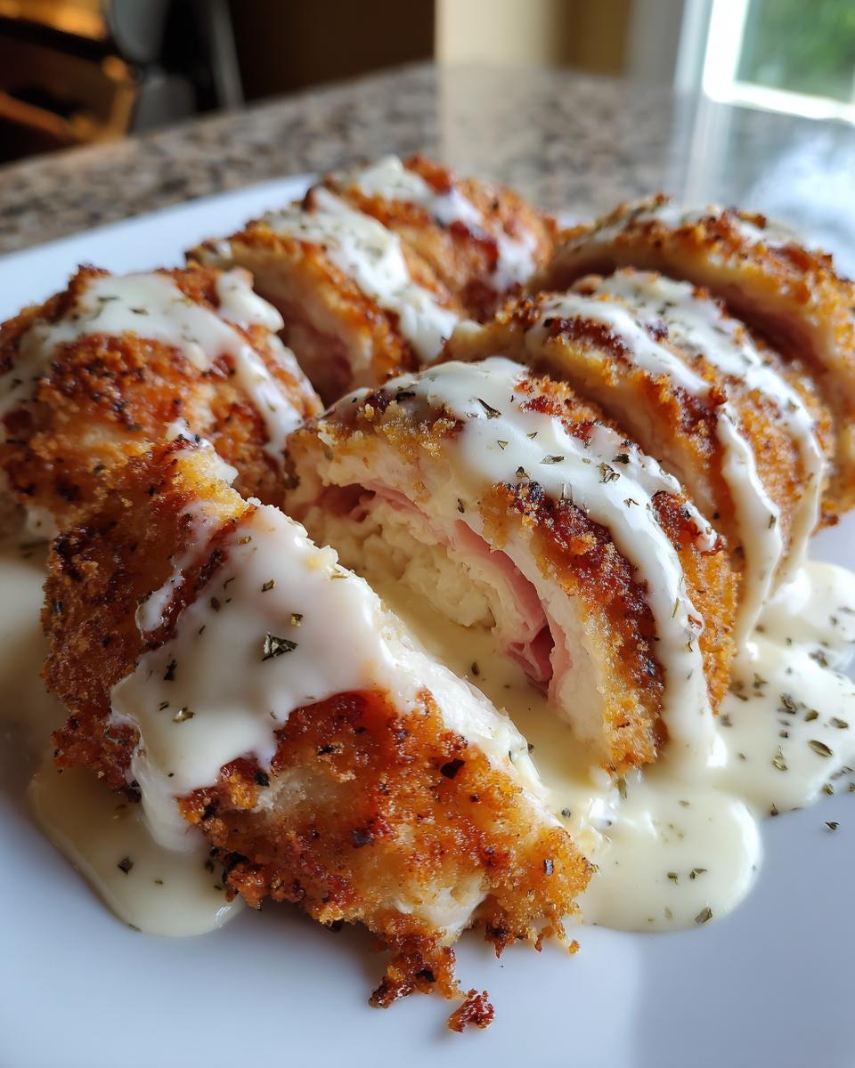 Close-up of sliced, breaded chicken cordon bleu filled with ham and cheese, drizzled with white cream sauce and herbs.