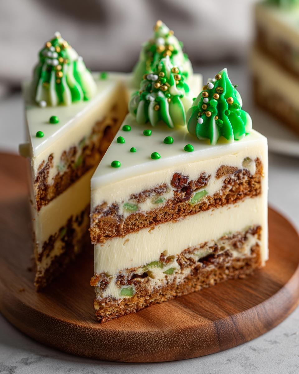 Two slices of Christmas tree cheesecake featuring layers of creamy filling, spiced cake, and topped with white glaze and green piped Christmas tree decorations.