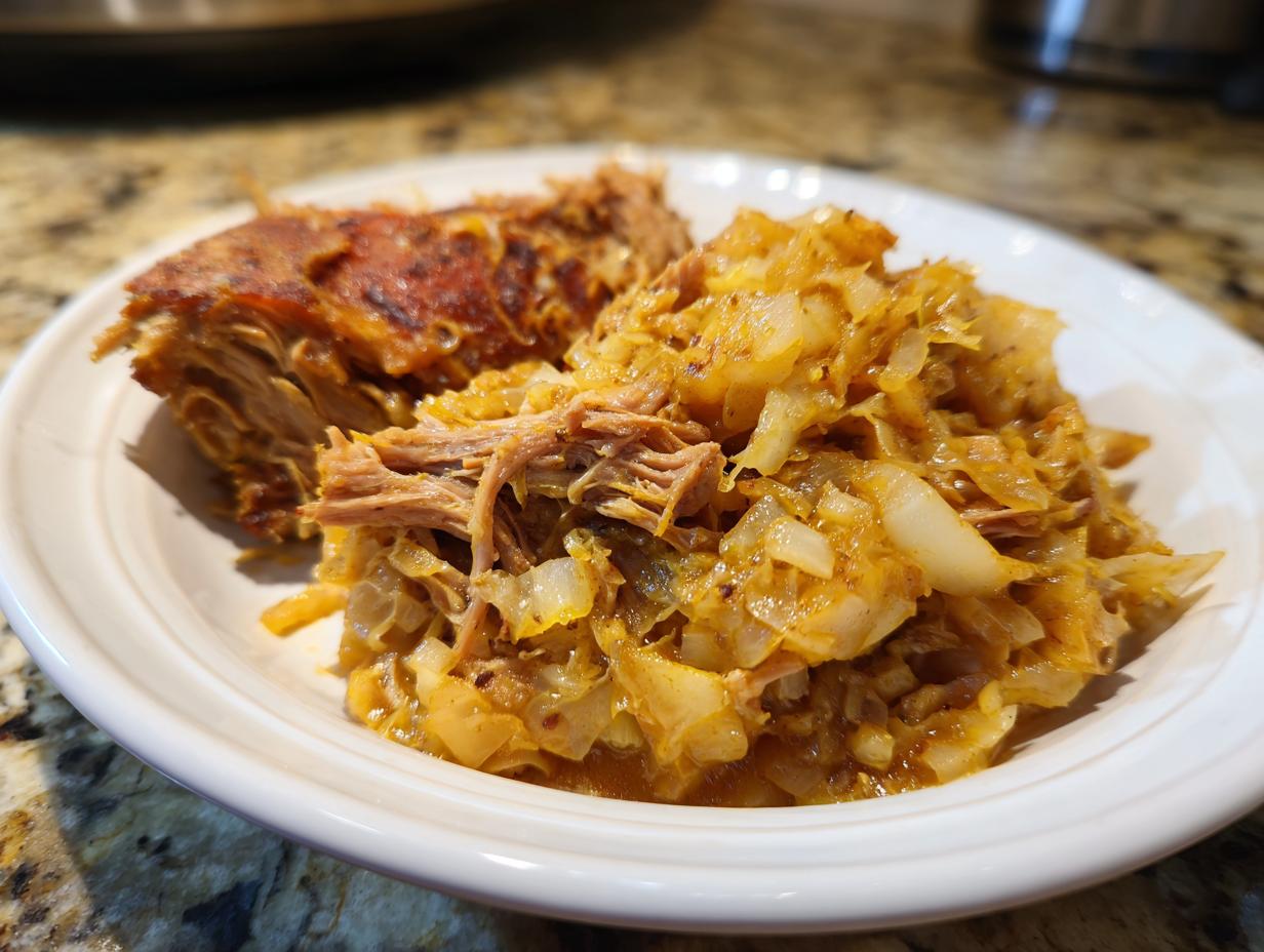 Close-up of tender, shredded pork next to a serving of seasoned pork and sauerkraut on a white plate.