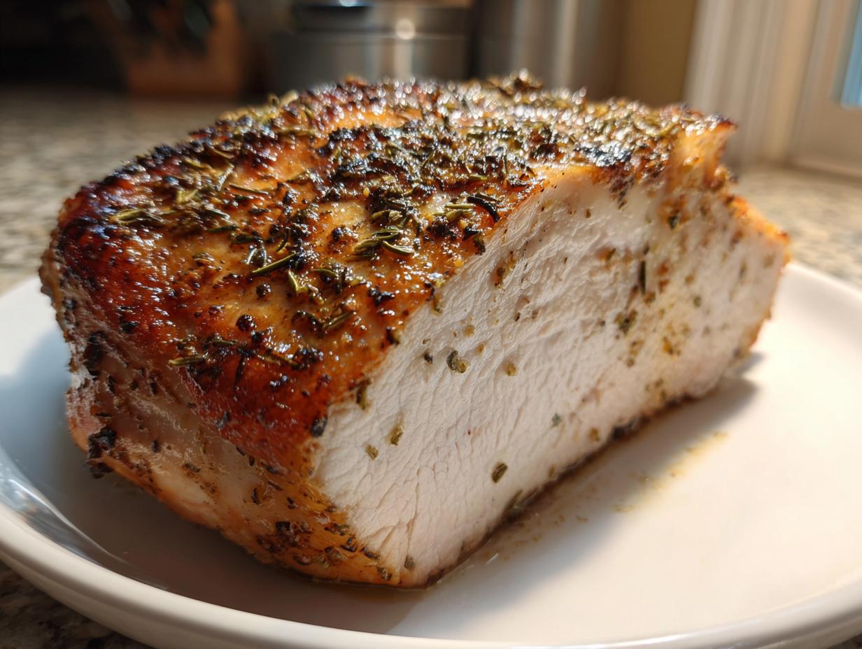Close-up of a perfectly cooked, juicy slow cooker turkey breast roast with a browned, herb-crusted exterior.