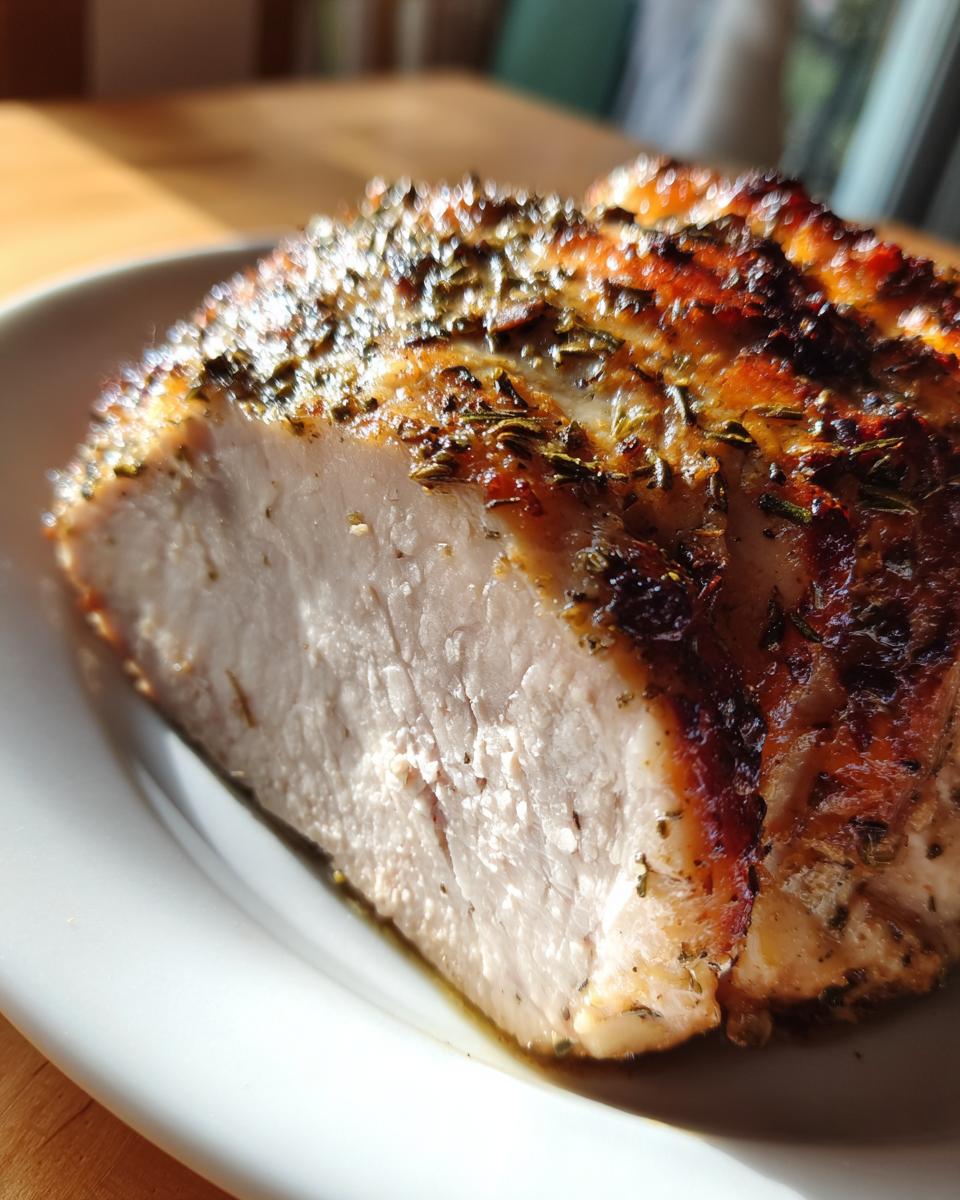 Close-up of a slice of moist slow cooker turkey breast showing the seasoned, browned exterior and tender white meat.