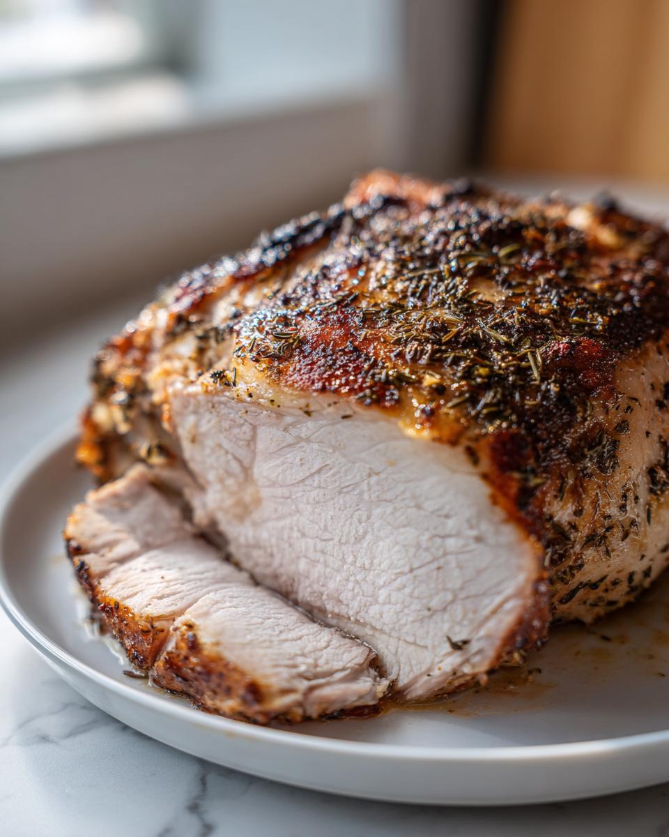 A close-up of a perfectly cooked slow cooker turkey breast, sliced to show the moist interior and herb crust.