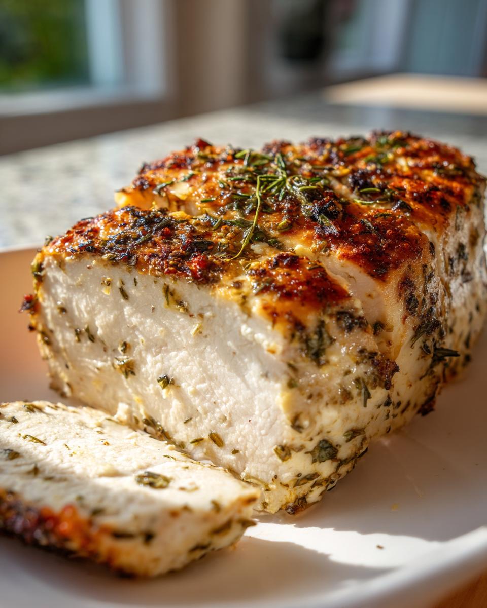 A cross-section view of a perfectly cooked, moist slow cooker turkey breast, seasoned heavily with herbs.