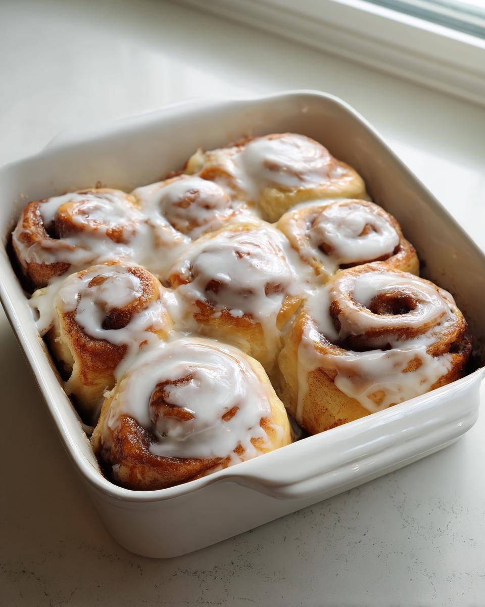 Six freshly baked small batch cinnamon rolls covered in thick white icing in a white square baking dish.