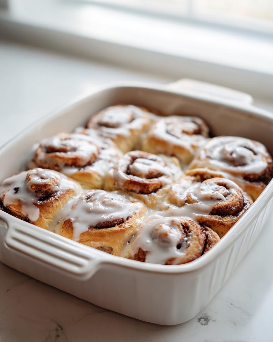 A white baking dish filled with six freshly baked small batch cinnamon rolls covered in white icing.