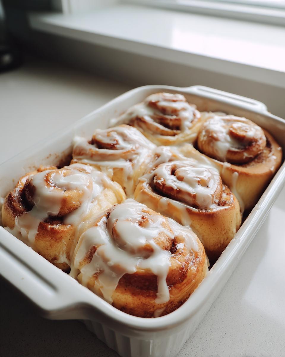 Six freshly baked small batch cinnamon rolls covered in thick white icing, nestled in a white rectangular baking dish.