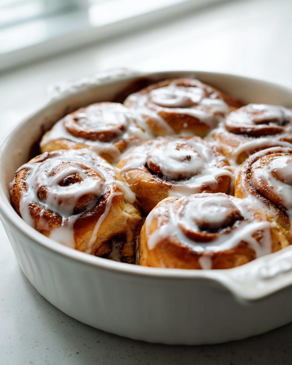 Six freshly baked small batch cinnamon rolls covered in thick white icing in a white ceramic dish.