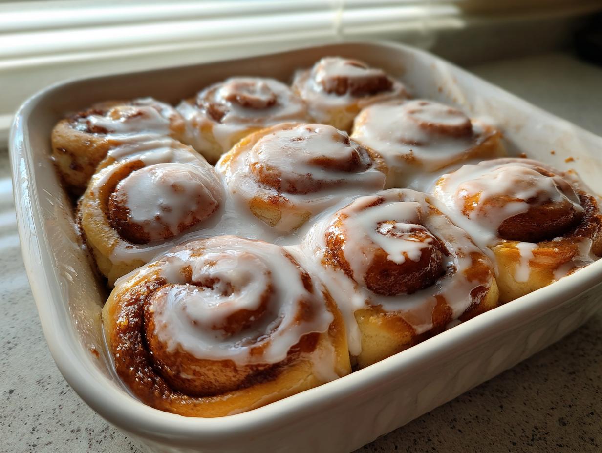Close-up of freshly baked small batch cinnamon rolls topped with thick white icing in a white ceramic baking dish.