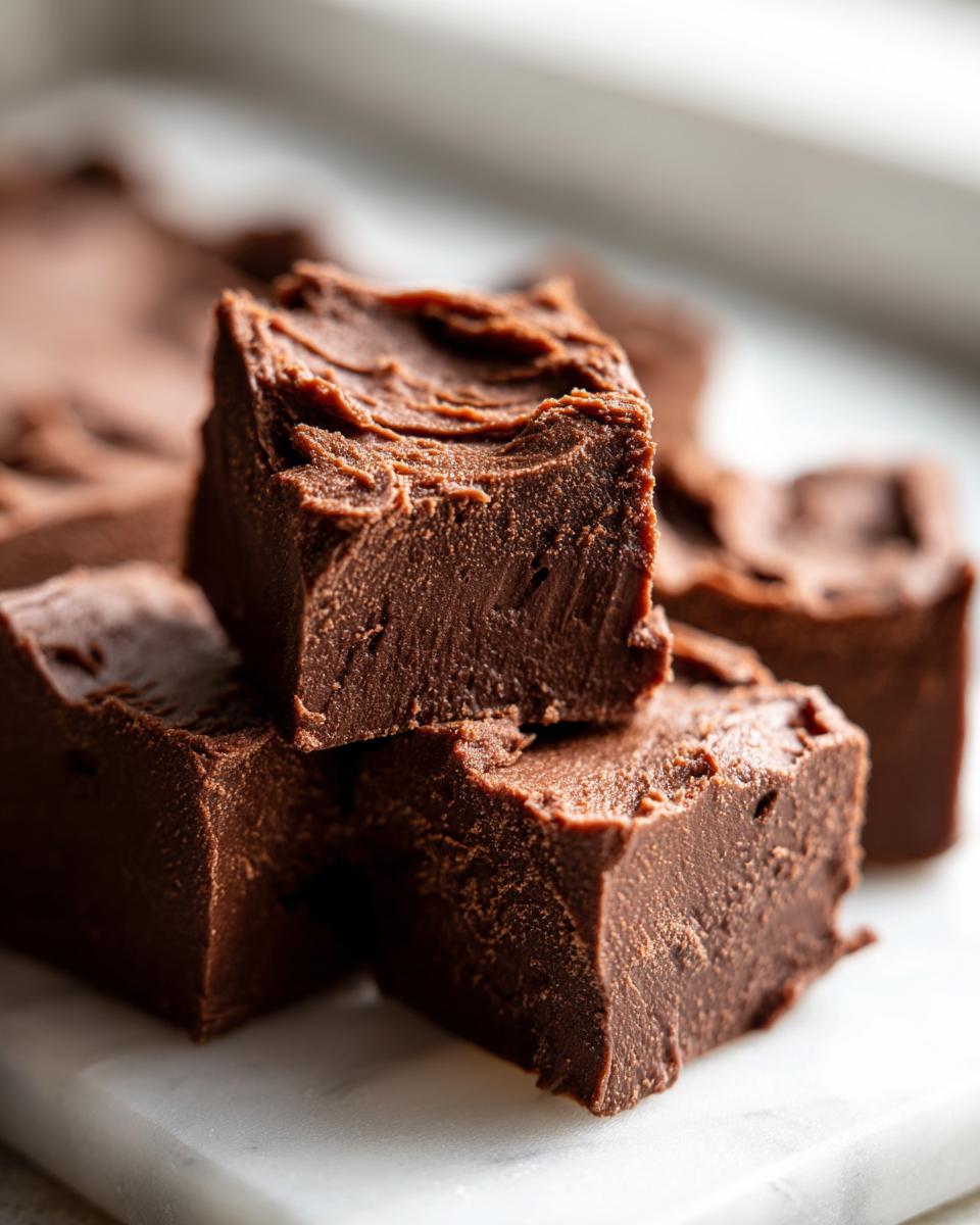 Close-up of rich, dark chocolate fudge squares stacked on a white marble surface, showing the smooth texture of the fudge.