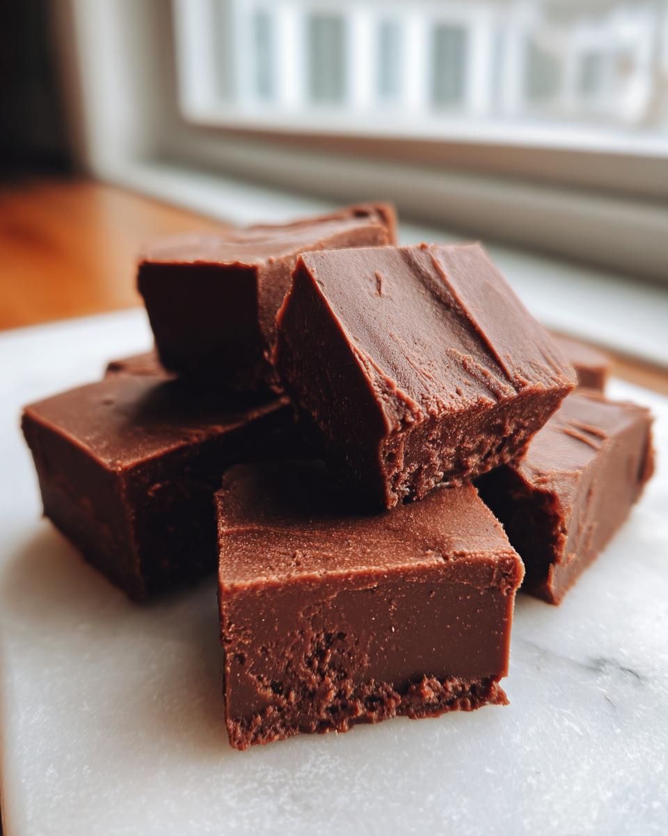 A stack of rich, dark chocolate fudge squares resting on a white marble surface.