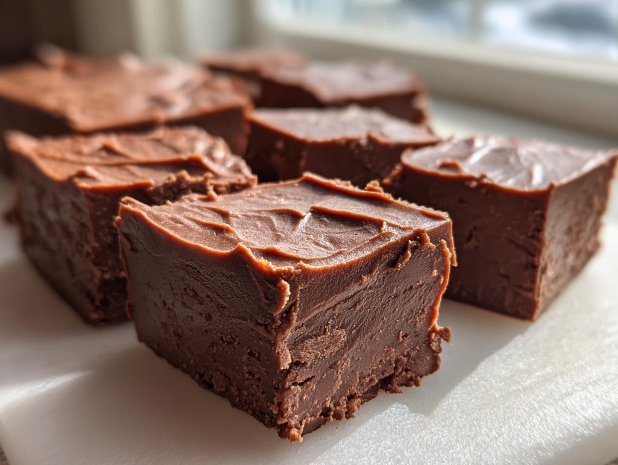 Close-up of several thick, rich squares of smooth chocolate fudge sitting on a white surface.