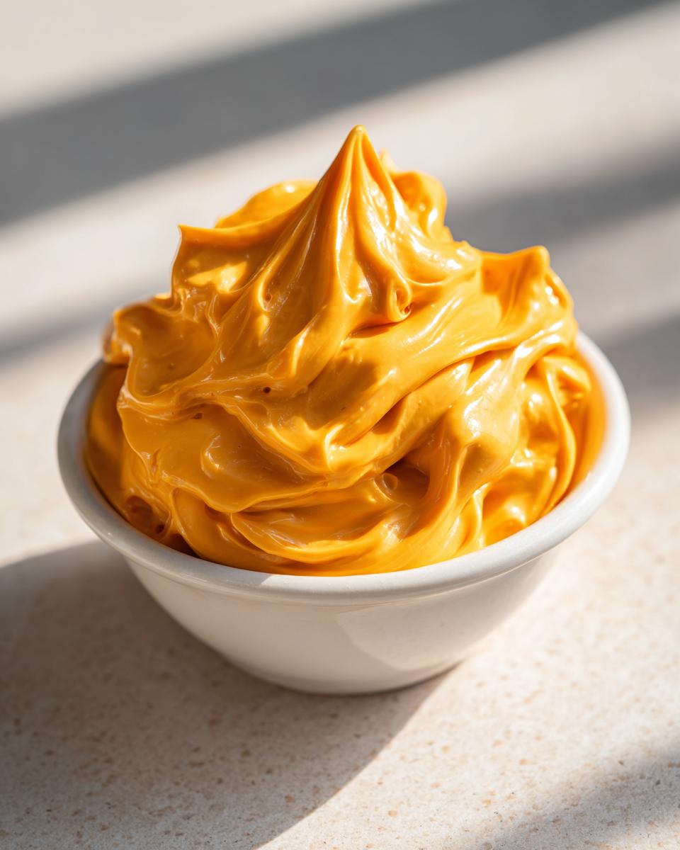 A close-up of thick, creamy, bright orange nacho cheese sauce piped high in a small white bowl.