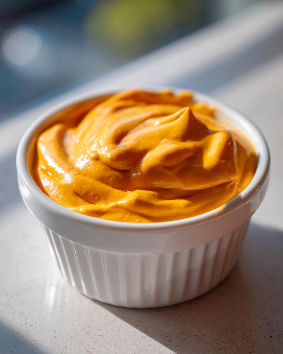 A close-up of rich, smooth nacho cheese sauce swirled high in a small white fluted ramekin.