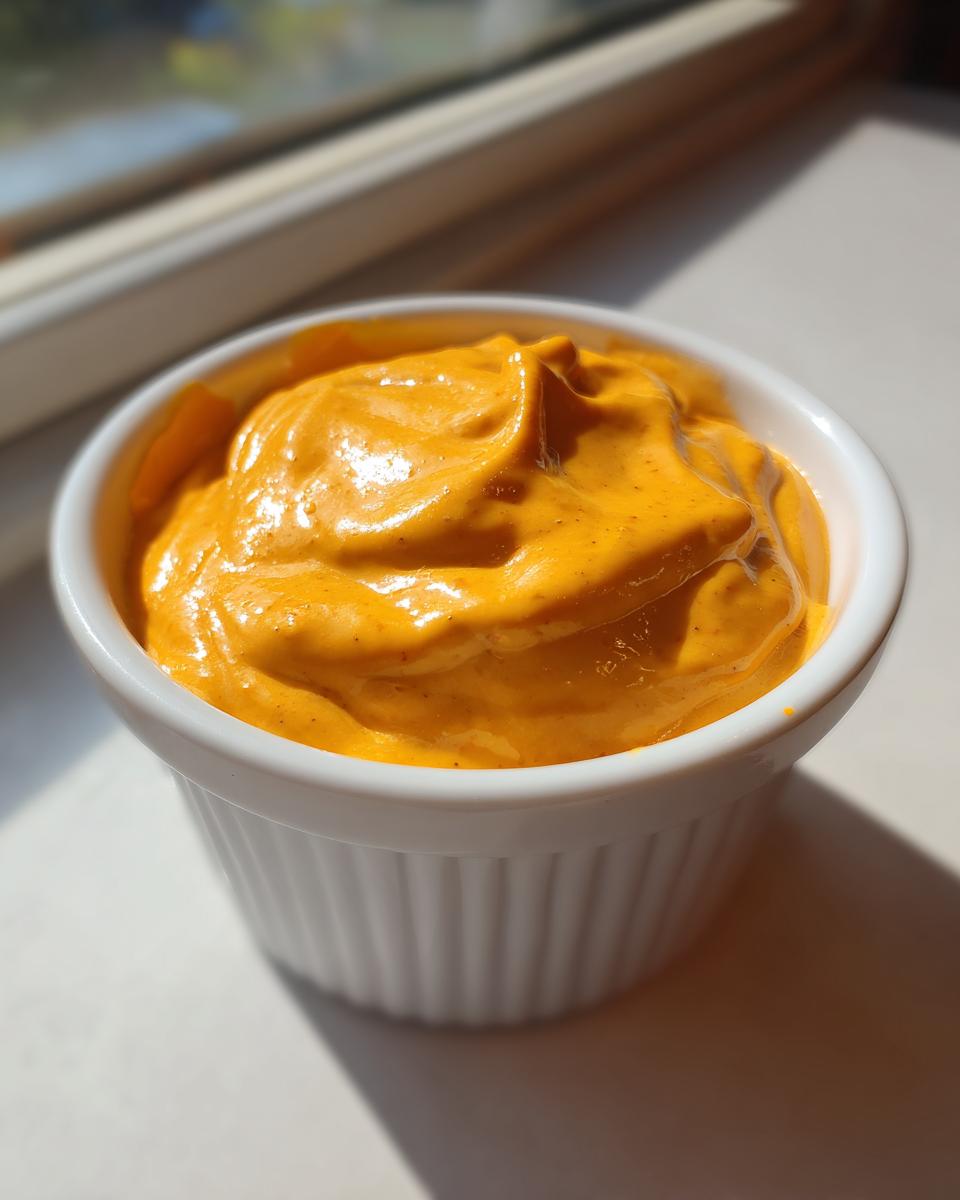 A close-up of thick, vibrant orange nacho cheese sauce served in a small white fluted ramekin.