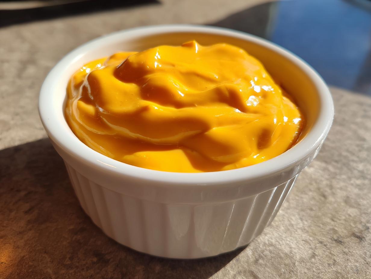 Close-up of vibrant, smooth nacho cheese sauce filling a small white ramekin, ready for dipping.