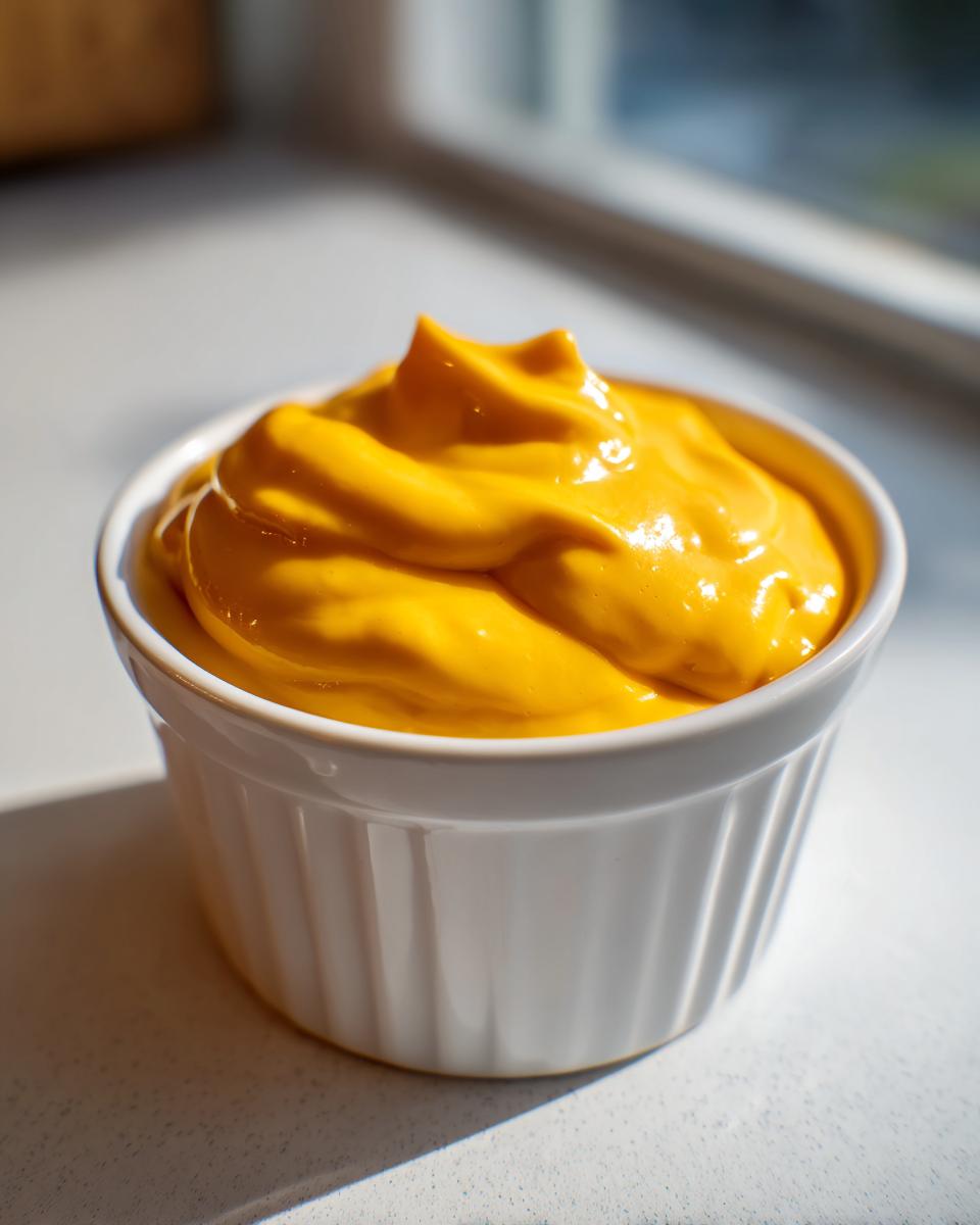 Close-up of thick, bright orange nacho cheese sauce swirled high in a small white ramekin.