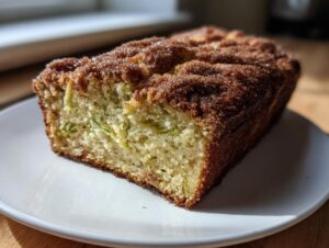 A close-up of a slice of moist snickerdoodle zucchini bread with a thick cinnamon-sugar topping.