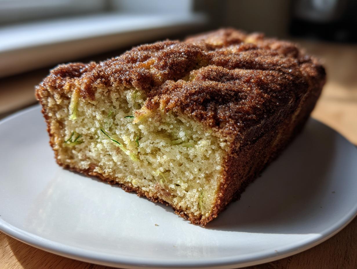 A close-up of a slice of moist snickerdoodle zucchini bread with a thick cinnamon-sugar topping.