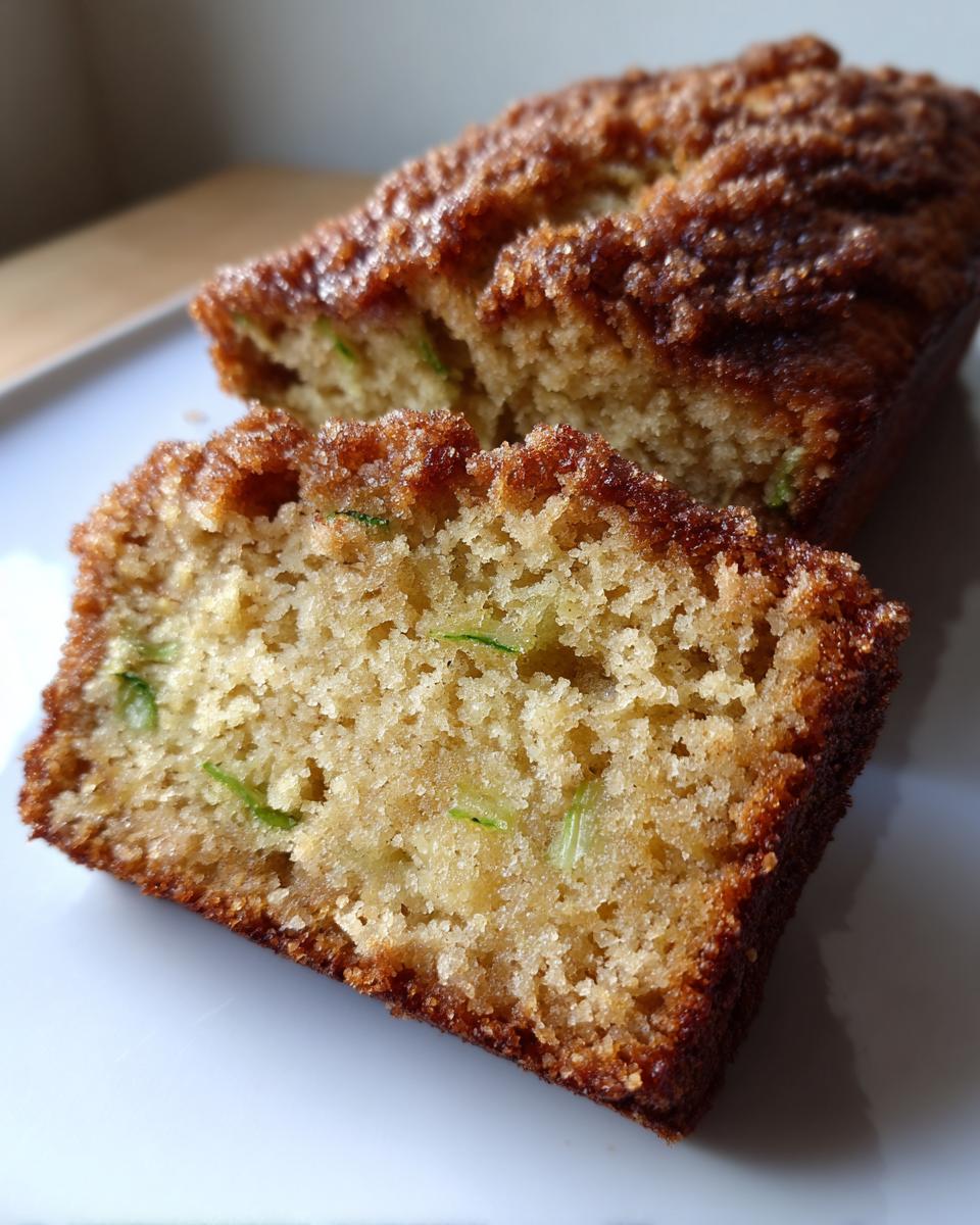A close-up view of a slice of moist snickerdoodle zucchini bread showing the crumb texture and bits of green zucchini.