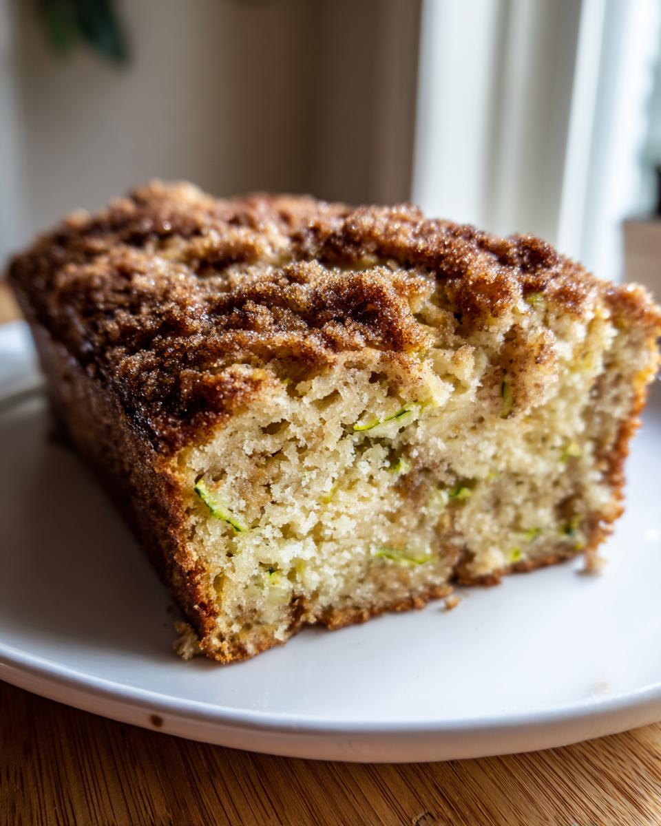 Close-up of a moist slice of snickerdoodle zucchini bread featuring visible green zucchini shreds and a thick cinnamon sugar topping.
