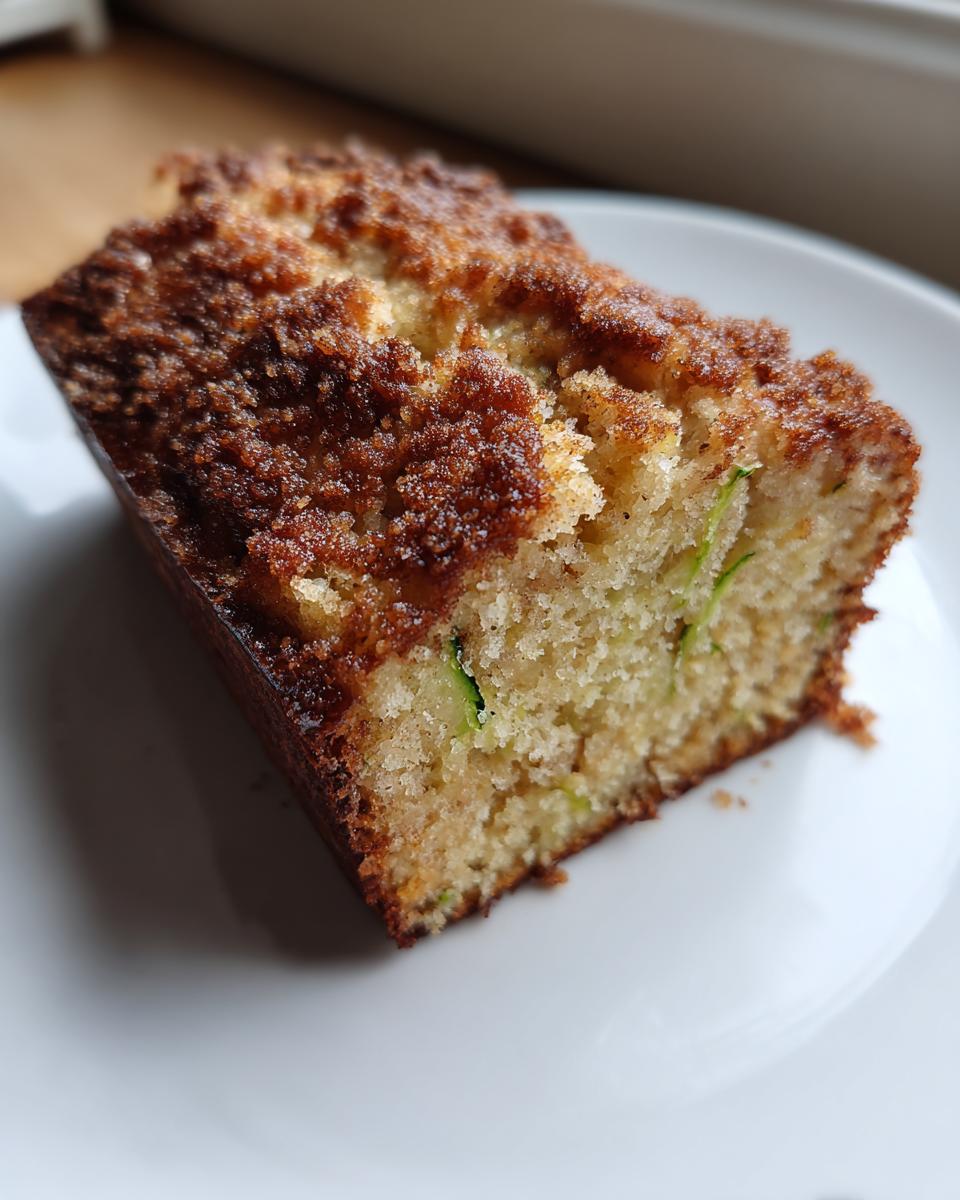 Close-up of a moist slice of snickerdoodle zucchini bread featuring visible green zucchini shreds and a thick, sugary cinnamon crumb topping.