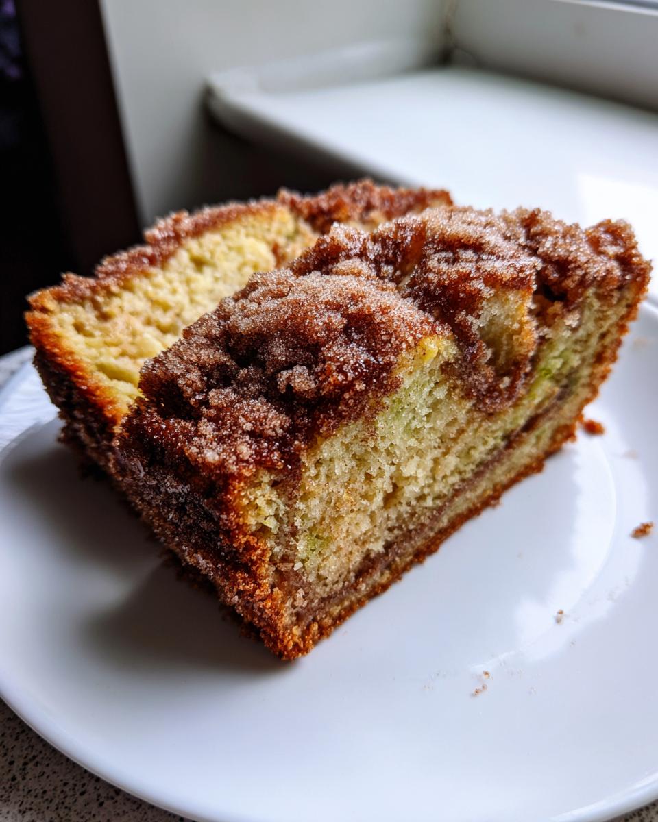 Two slices of moist snickerdoodle zucchini bread topped with a thick cinnamon sugar crumb topping, served on a white plate.