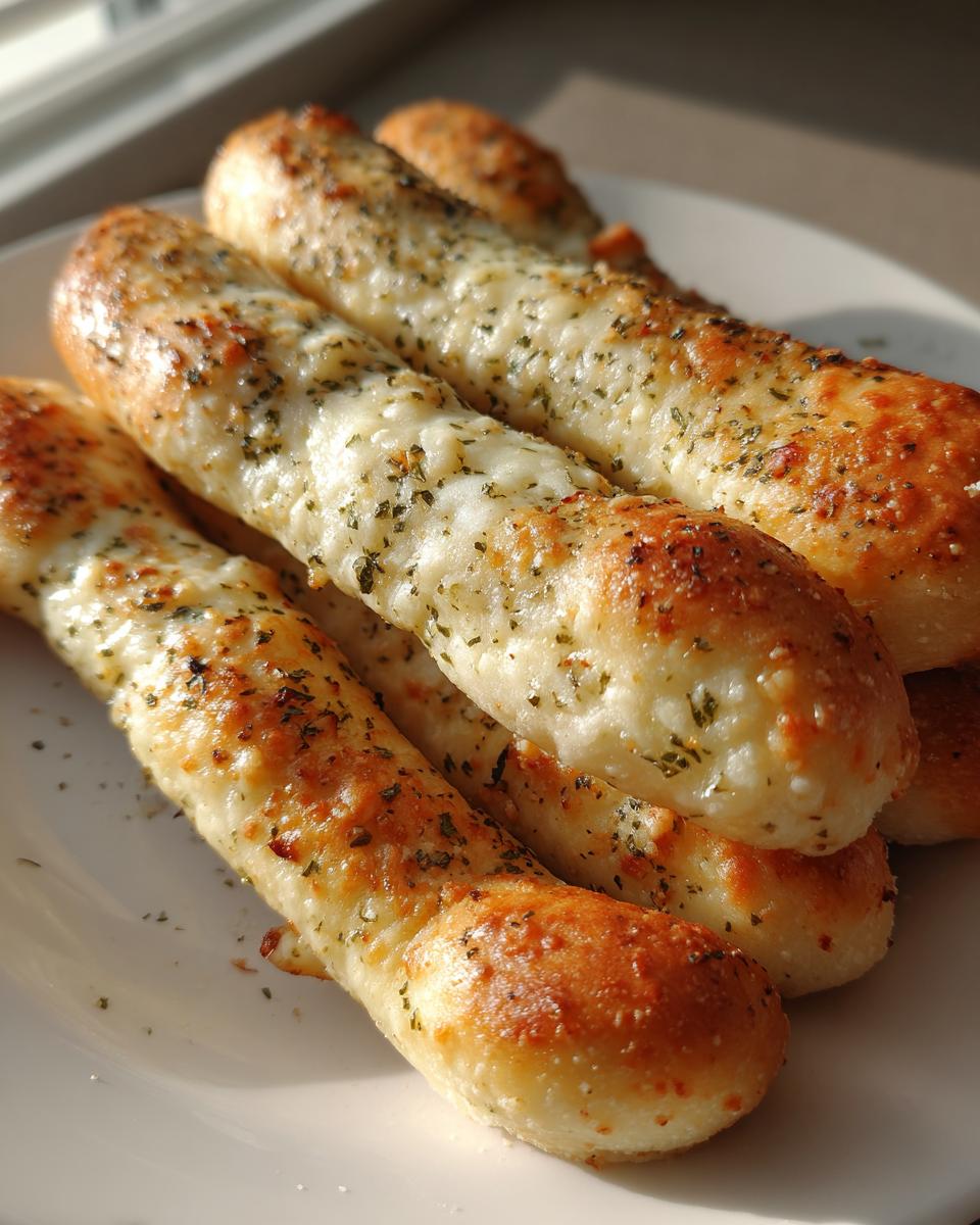 A close-up of several soft, golden-brown breadsticks topped with melted cheese and dried herbs.