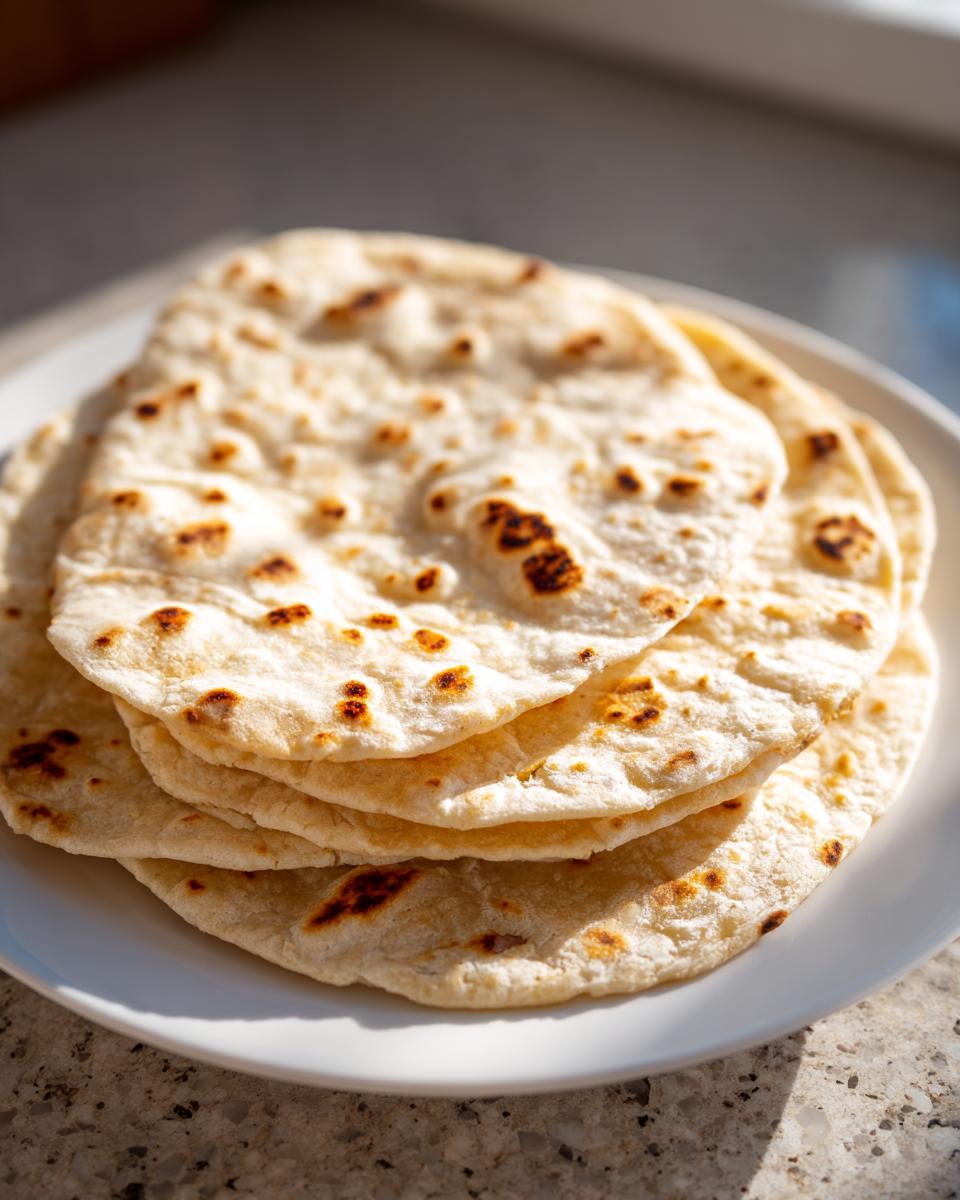 A stack of freshly made, soft corn tortillas with light brown char spots resting on a white plate.
