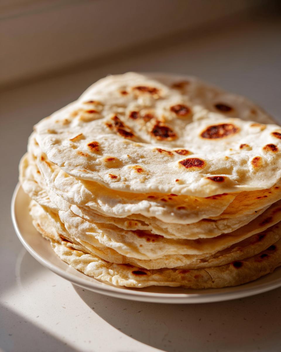 A tall stack of freshly made, soft corn tortillas with light brown char marks, resting on a white plate.
