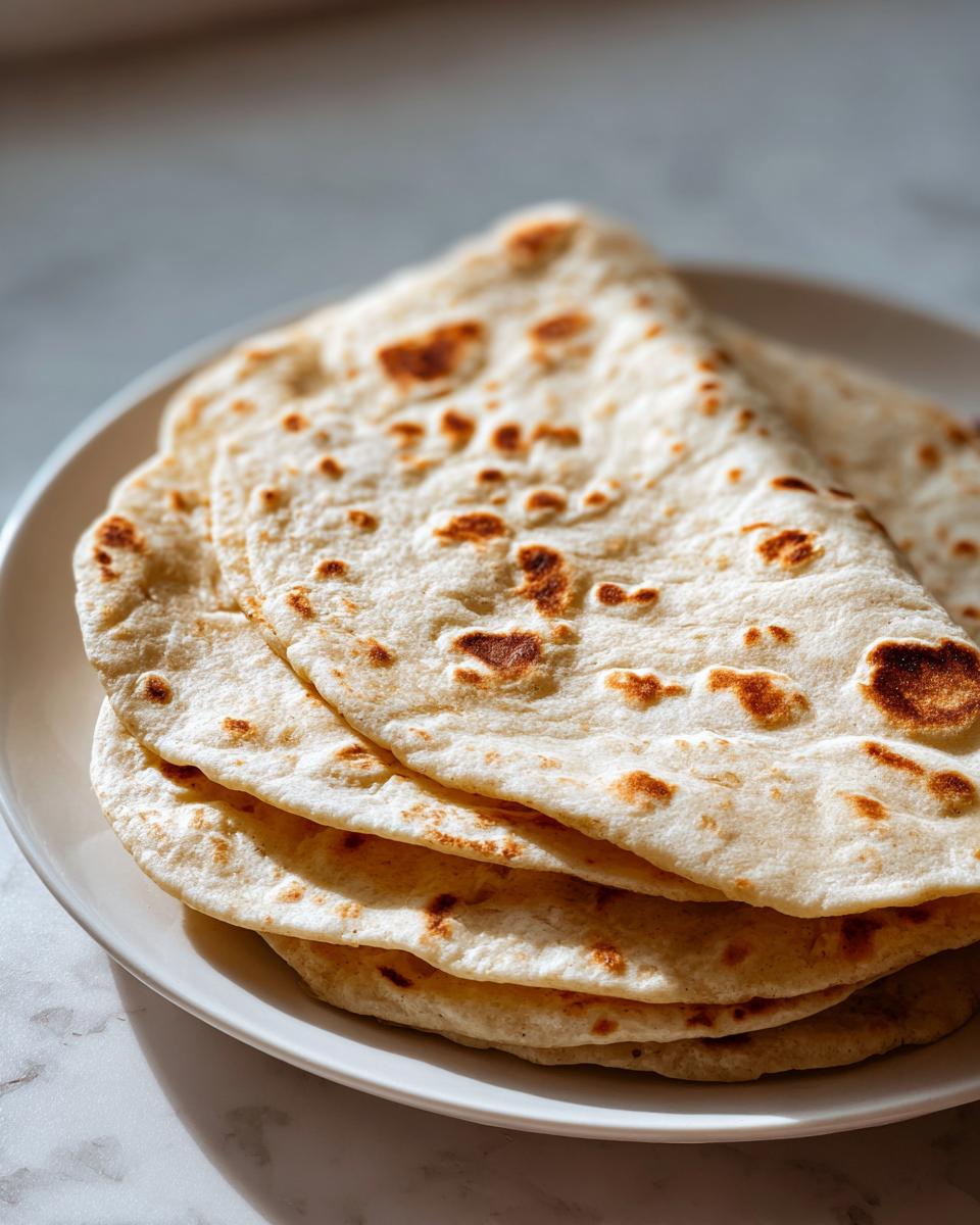 A stack of freshly made, soft corn tortillas with light brown toasted spots on a white plate.