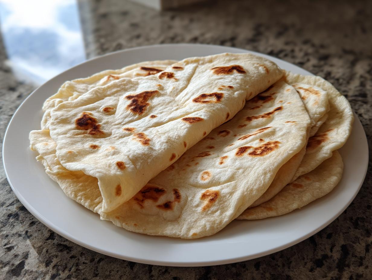 A stack of freshly made, soft corn tortillas with light brown char marks resting on a white plate.