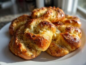 Close-up of several golden brown, cheesy, and herbed breadsticks piled on a white plate.