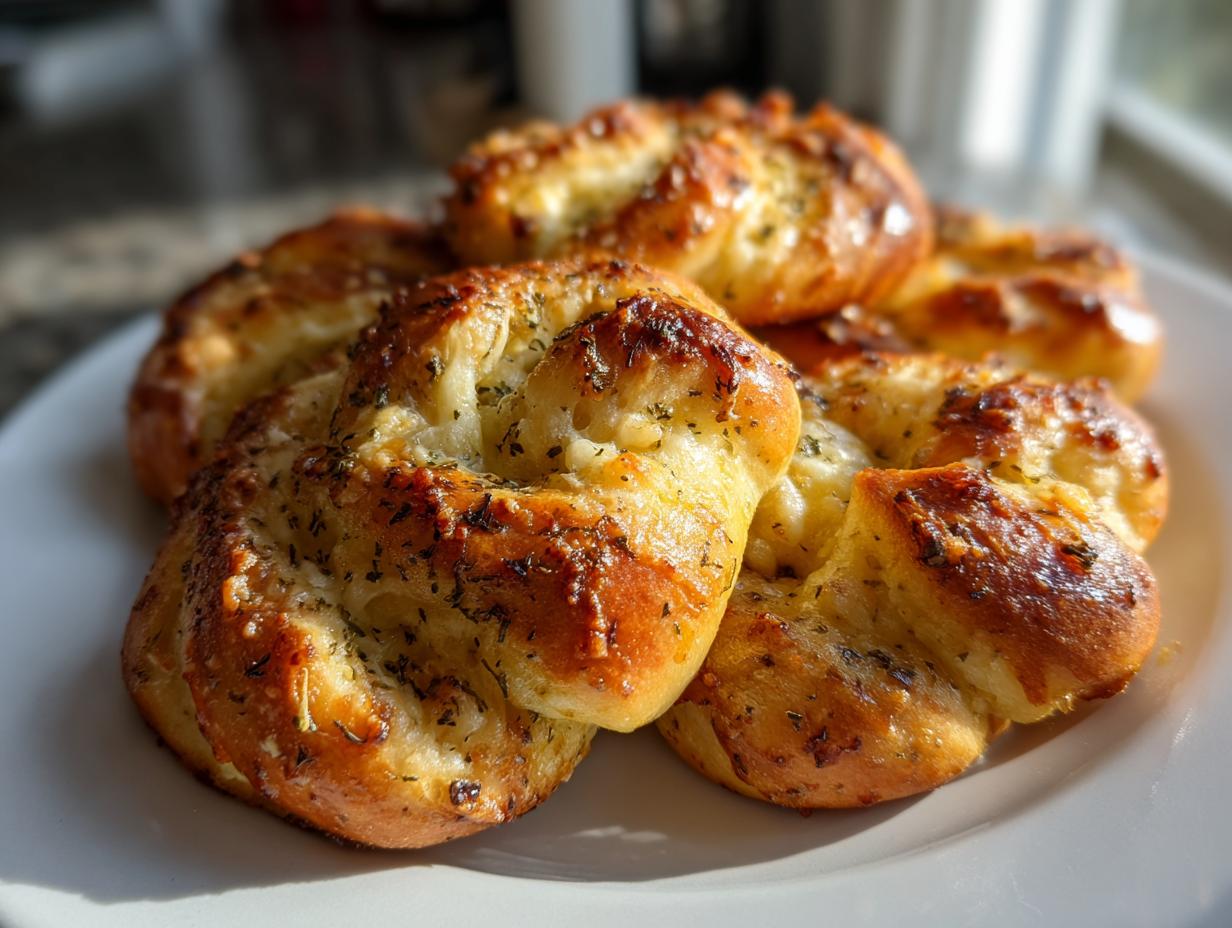 Close-up of several golden brown, cheesy, and herbed breadsticks piled on a white plate.