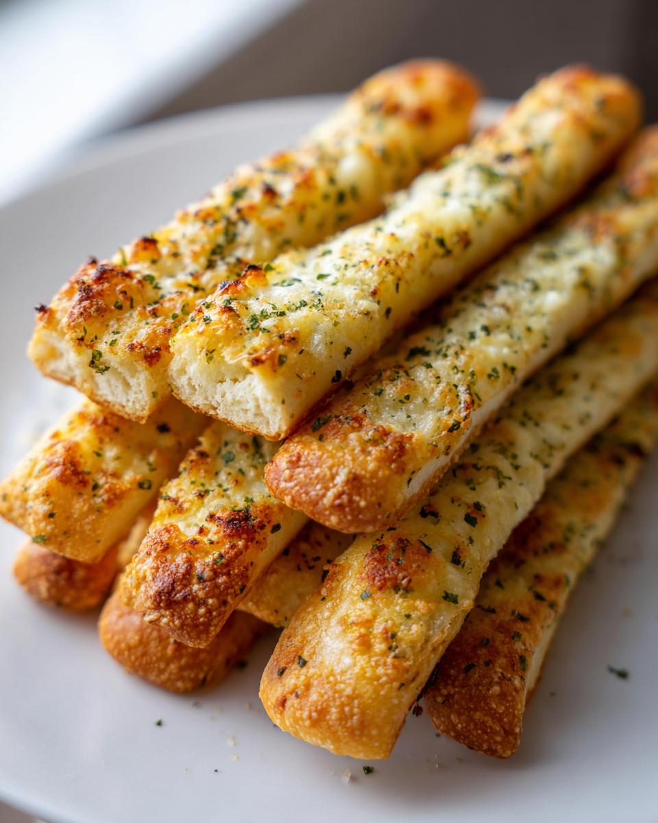 A close-up stack of golden-brown, soft breadsticks topped with melted cheese and green herbs.