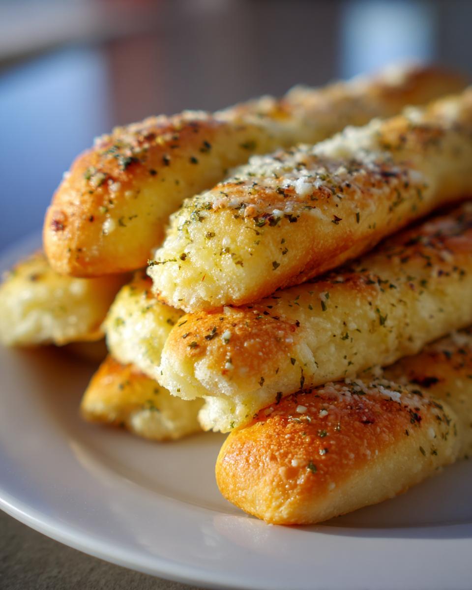 A close-up stack of soft, golden brown breadsticks topped with melted butter, garlic, parmesan cheese, and herbs.