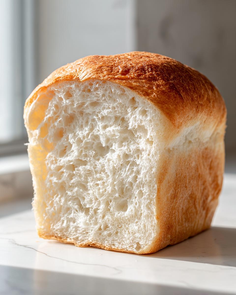 Close-up showing the incredibly soft, fluffy white crumb of a freshly baked milk bread loaf.