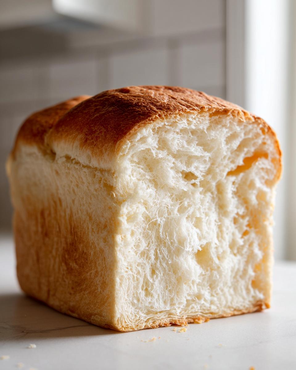 A close-up shot showing the incredibly soft and fluffy interior crumb structure of a freshly baked loaf of milk bread.