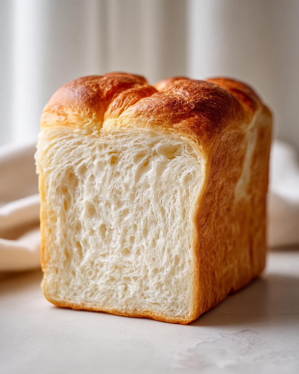 Close-up of a freshly baked loaf of milk bread, showing the incredibly soft, white interior crumb and golden brown top crust.