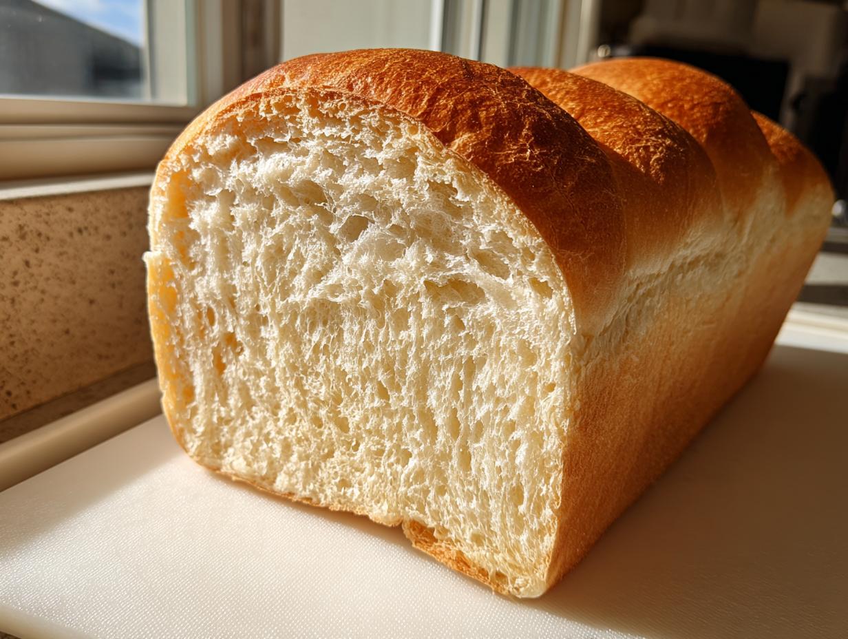 Close-up of a freshly baked loaf of milk bread sliced open, showing its incredibly soft, white, and fluffy interior.
