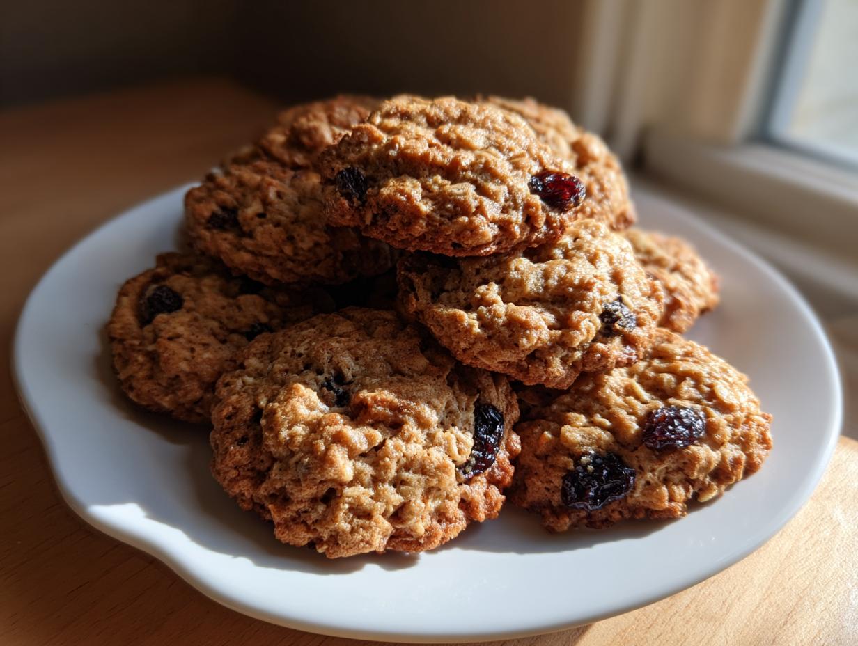 A stack of freshly baked soft oatmeal cookies containing visible raisins, resting on a white plate near a window.
