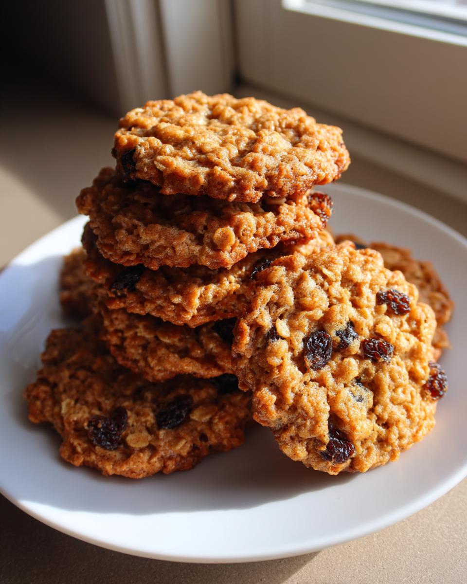 A stack of golden brown, soft oatmeal cookies studded with raisins, resting on a white plate.