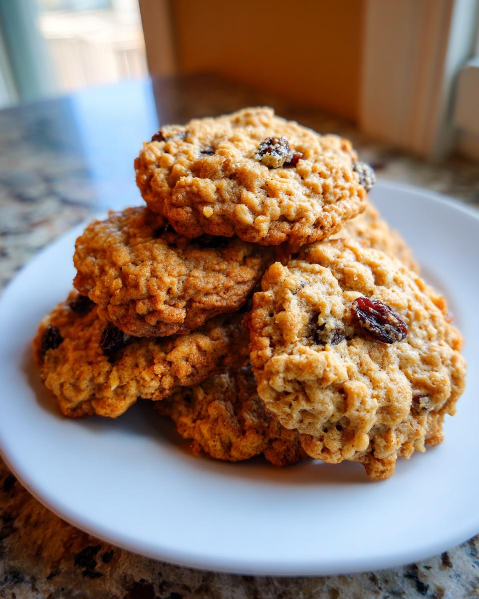 A close-up stack of freshly baked, soft oatmeal cookies featuring visible raisins, served on a white plate.