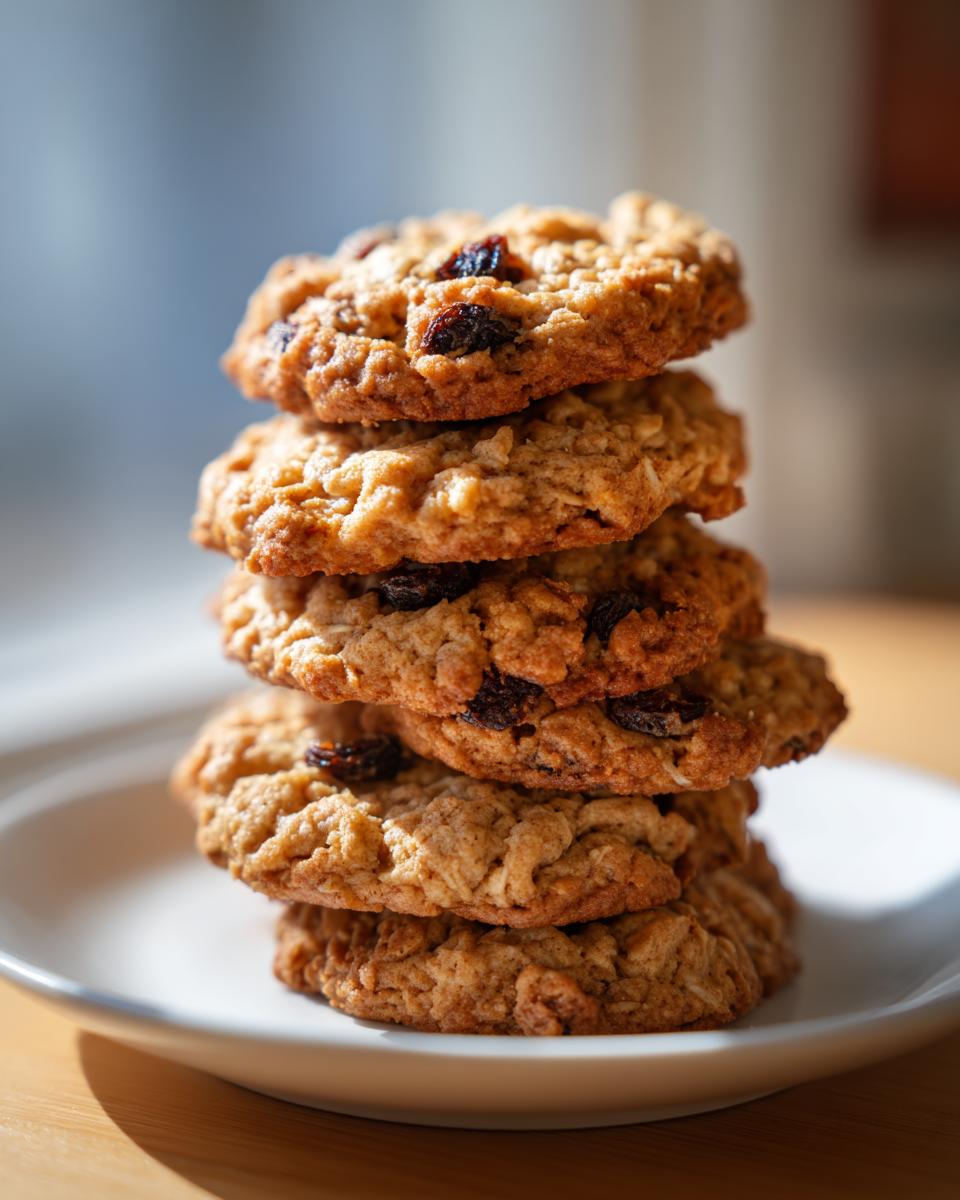 A vertical stack of five soft oatmeal cookies, studded with raisins, sitting on a white plate.
