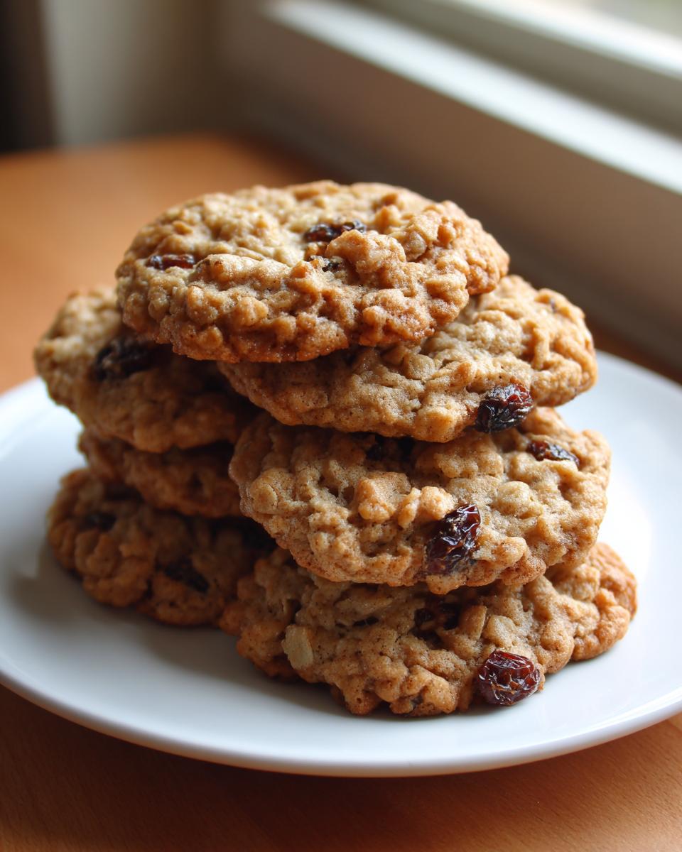 A stack of freshly baked, soft oatmeal cookies loaded with raisins resting on a white plate.