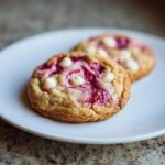 Two soft raspberry cheesecake cookies topped with white chocolate chips resting on a white plate.
