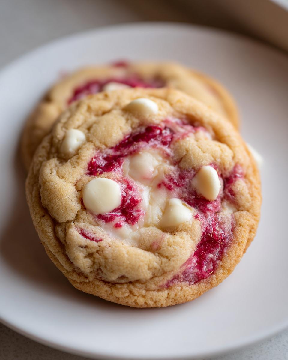 Close-up of a soft raspberry cheesecake cookie featuring swirls of bright red raspberry filling and melted white chocolate chips.